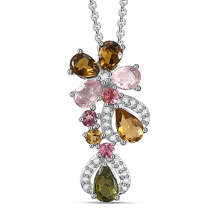 Multi-Tourmaline, White Zircon Floral Pendant with Chain (Size 20) in Rhodium Overlay Sterling Silver Multi-Tourmaline, White Zircon Floral Pendant with Chain (Size 20) in Rhodium Overlay Sterling Silver