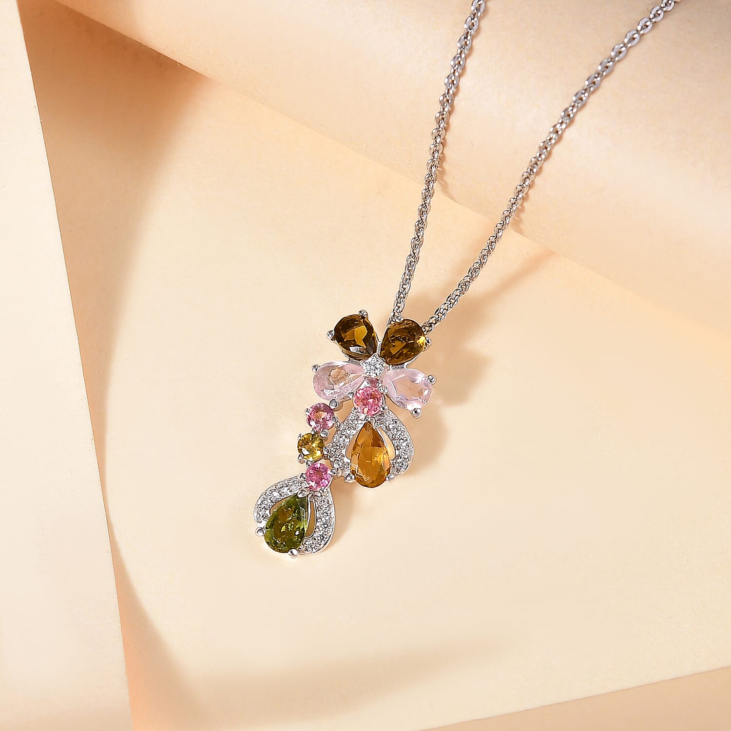 Multi-Tourmaline & White Zircon Pendant with Chain (Size 20) in Rhodium Overlay Sterling Silver 1.83 Ct.