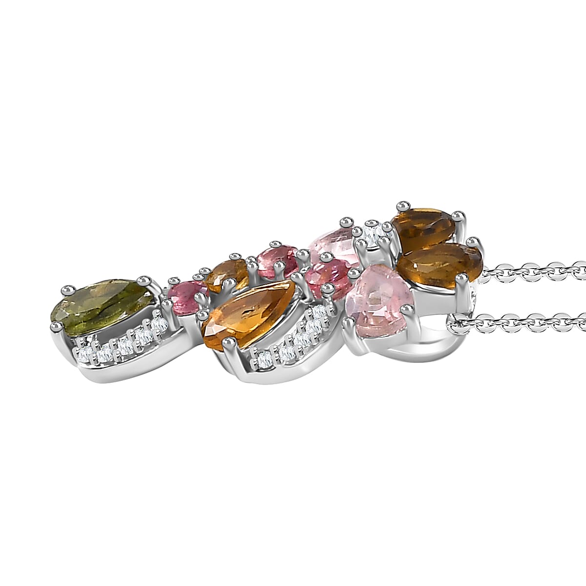 Multi-Tourmaline & White Zircon Pendant with Chain (Size 20) in Rhodium Overlay Sterling Silver 1.83 Ct.
