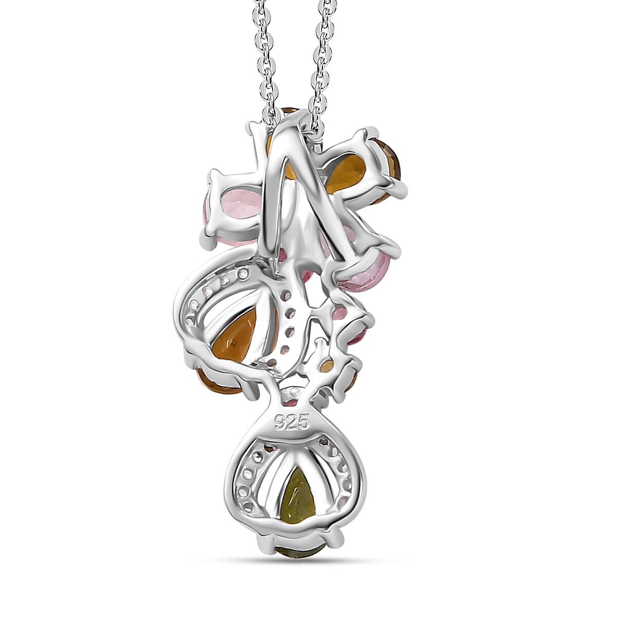 Multi-Tourmaline & White Zircon Pendant with Chain (Size 20) in Rhodium Overlay Sterling Silver 1.83 Ct.