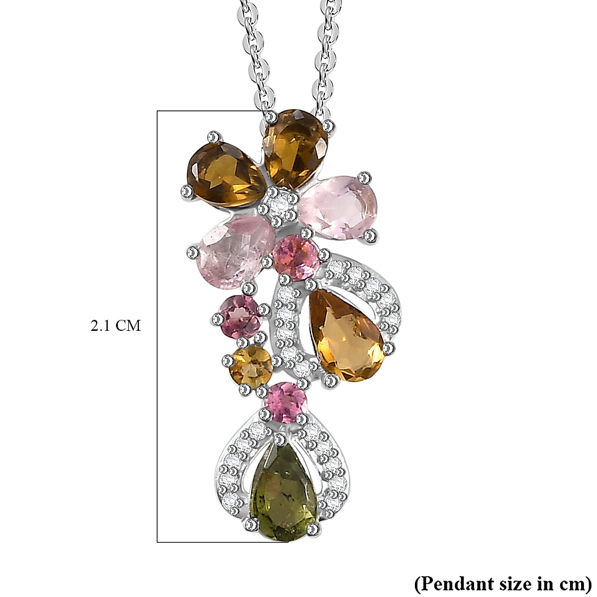 Multi-Tourmaline & White Zircon Pendant with Chain (Size 20) in Rhodium Overlay Sterling Silver 1.83 Ct.