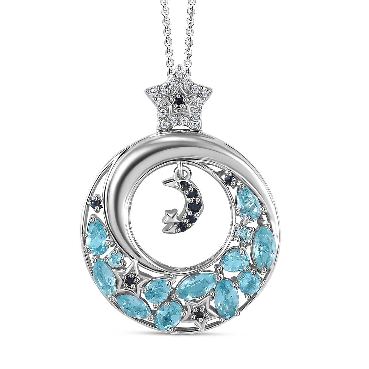 GP Celestial Dream Collection - Paraiba Apatite, Blue Sapphire & White Zircon Pendant with Chain (Size 20) in Rhodium Overlay Sterling Silver 2.74 Ct, Silver Wt. 7.96 Gms.