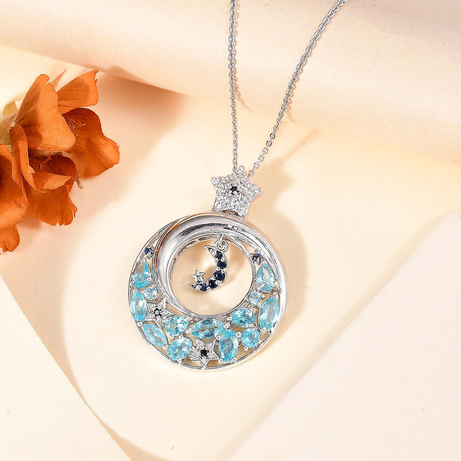 GP Celestial Dream Collection - Paraiba Apatite, Blue Sapphire & White Zircon Pendant with Chain (Size 20) in Rhodium Overlay Sterling Silver 2.74 Ct, Silver Wt. 7.96 Gms.