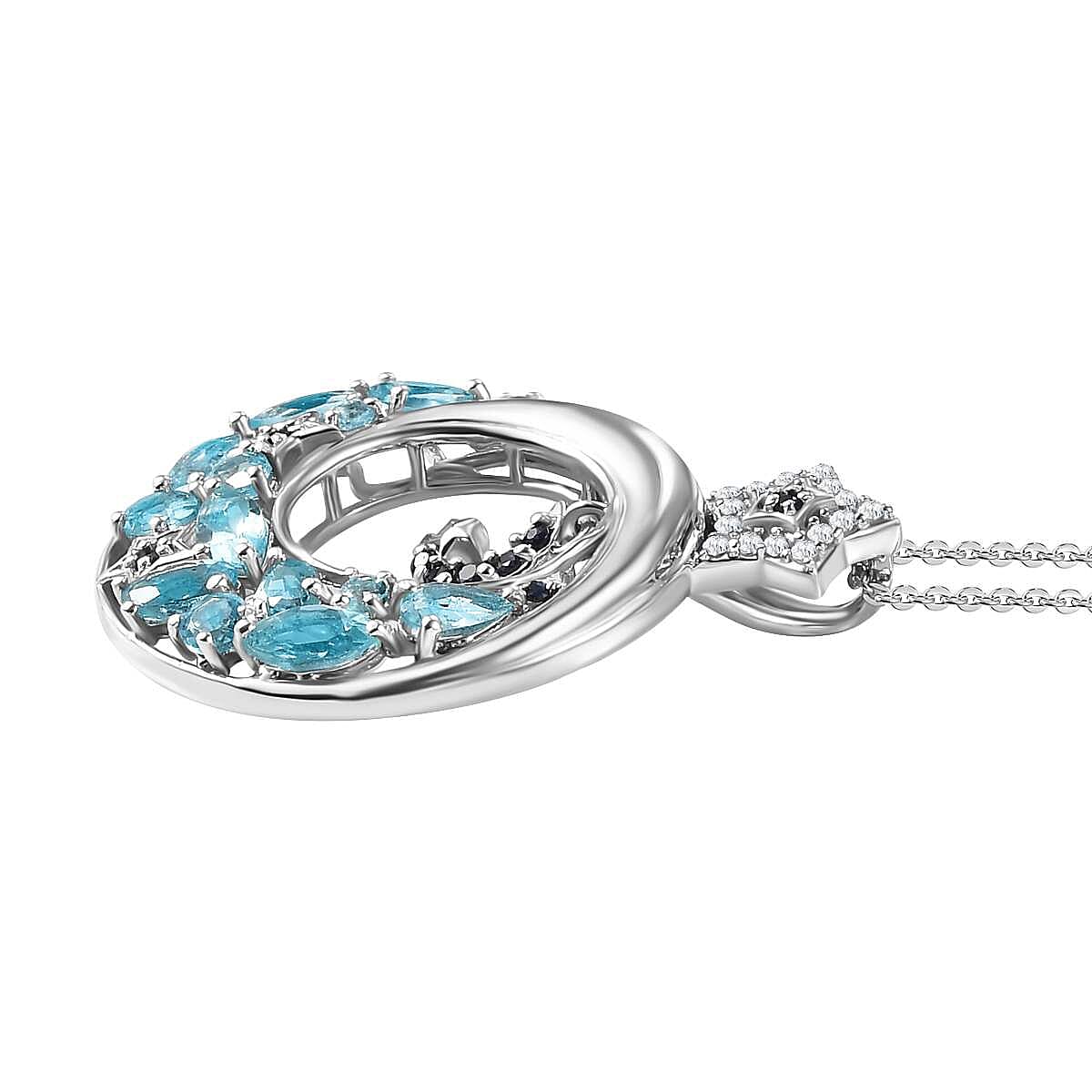 GP Celestial Dream Collection - Paraiba Apatite, Blue Sapphire & White Zircon Pendant with Chain (Size 20) in Rhodium Overlay Sterling Silver 2.74 Ct, Silver Wt. 7.96 Gms.