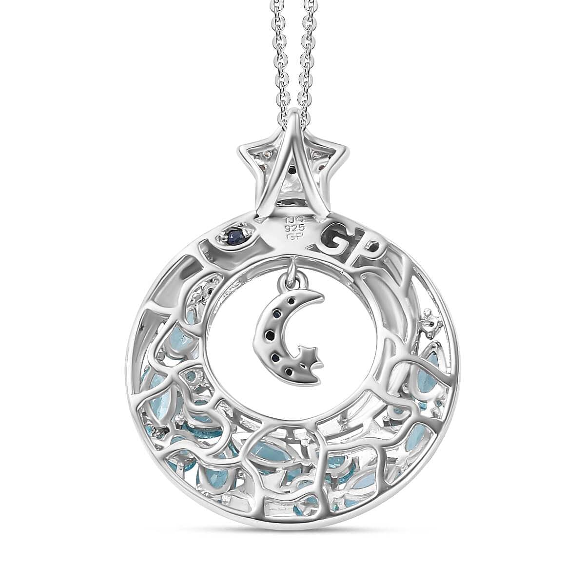 GP Celestial Dream Collection - Paraiba Apatite, Blue Sapphire & White Zircon Pendant with Chain (Size 20) in Rhodium Overlay Sterling Silver 2.74 Ct, Silver Wt. 7.96 Gms.