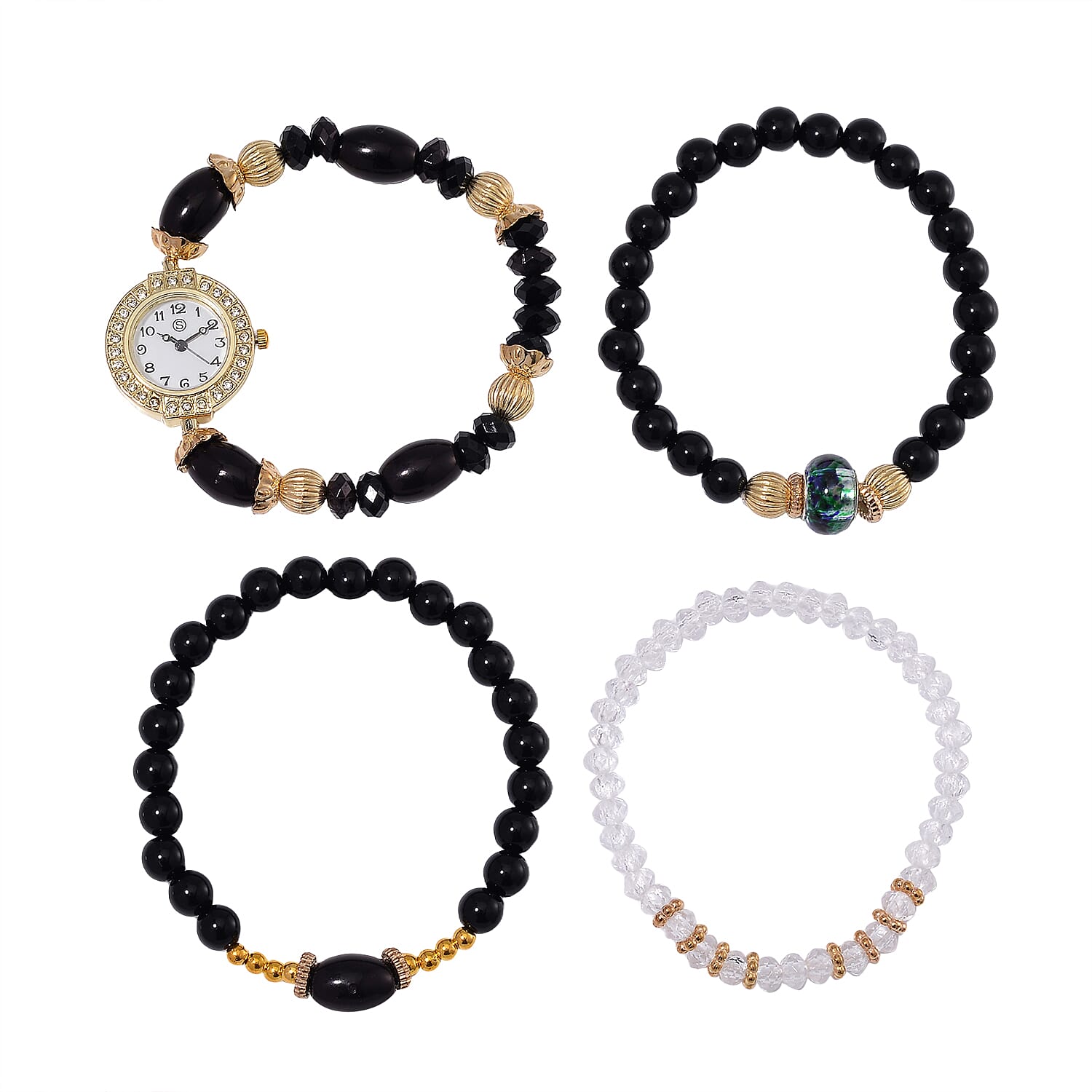 4 Piece Set - STRADA Crystal Watch With 3 Crystal Bracelets - Black