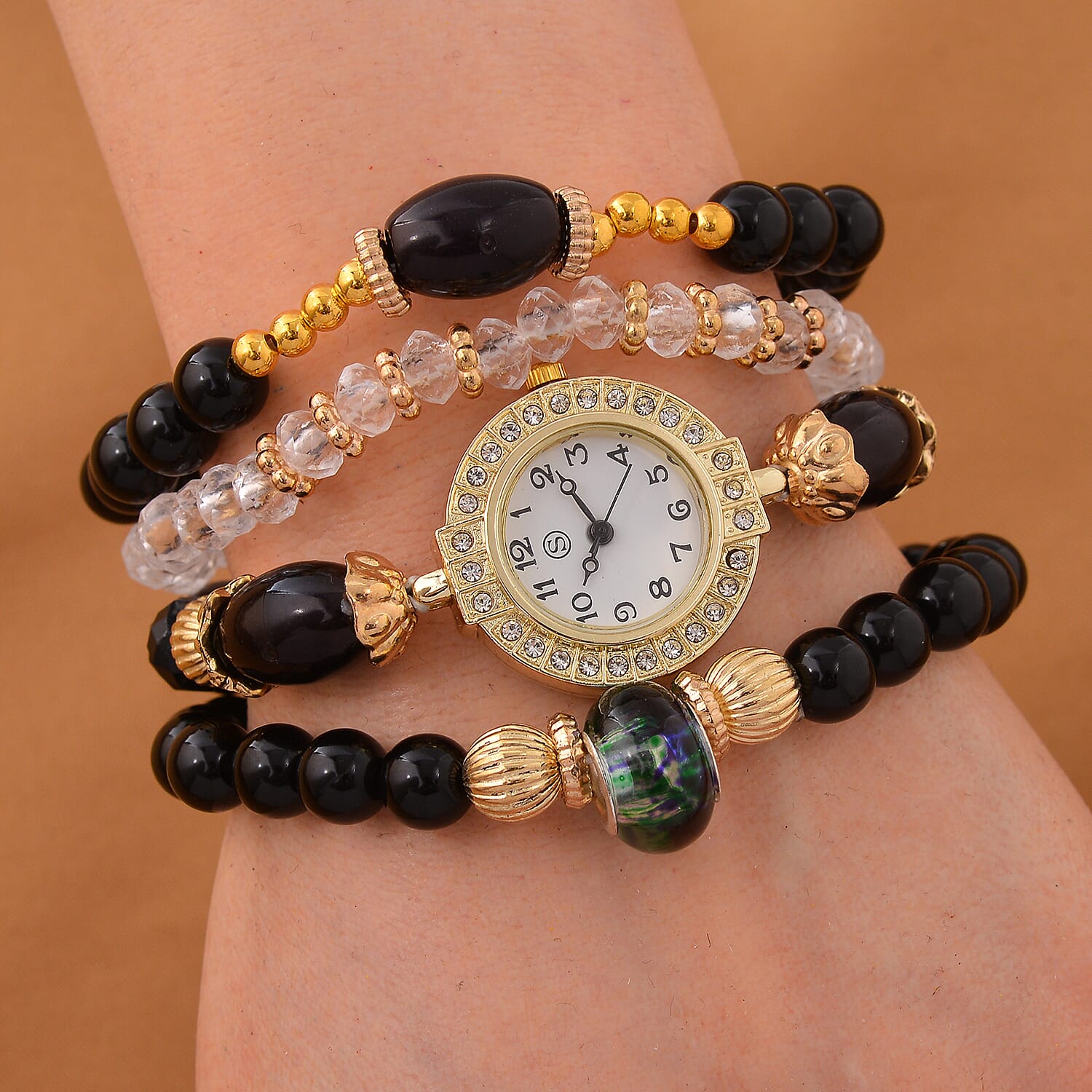4 Piece Set - STRADA Crystal Watch With 3 Crystal Bracelets - Black
