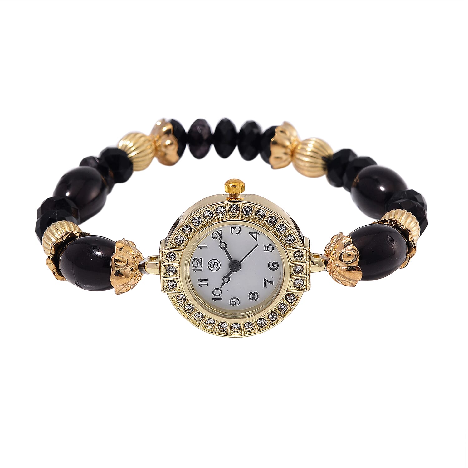 4 Piece Set - STRADA Crystal Watch With 3 Crystal Bracelets - Black