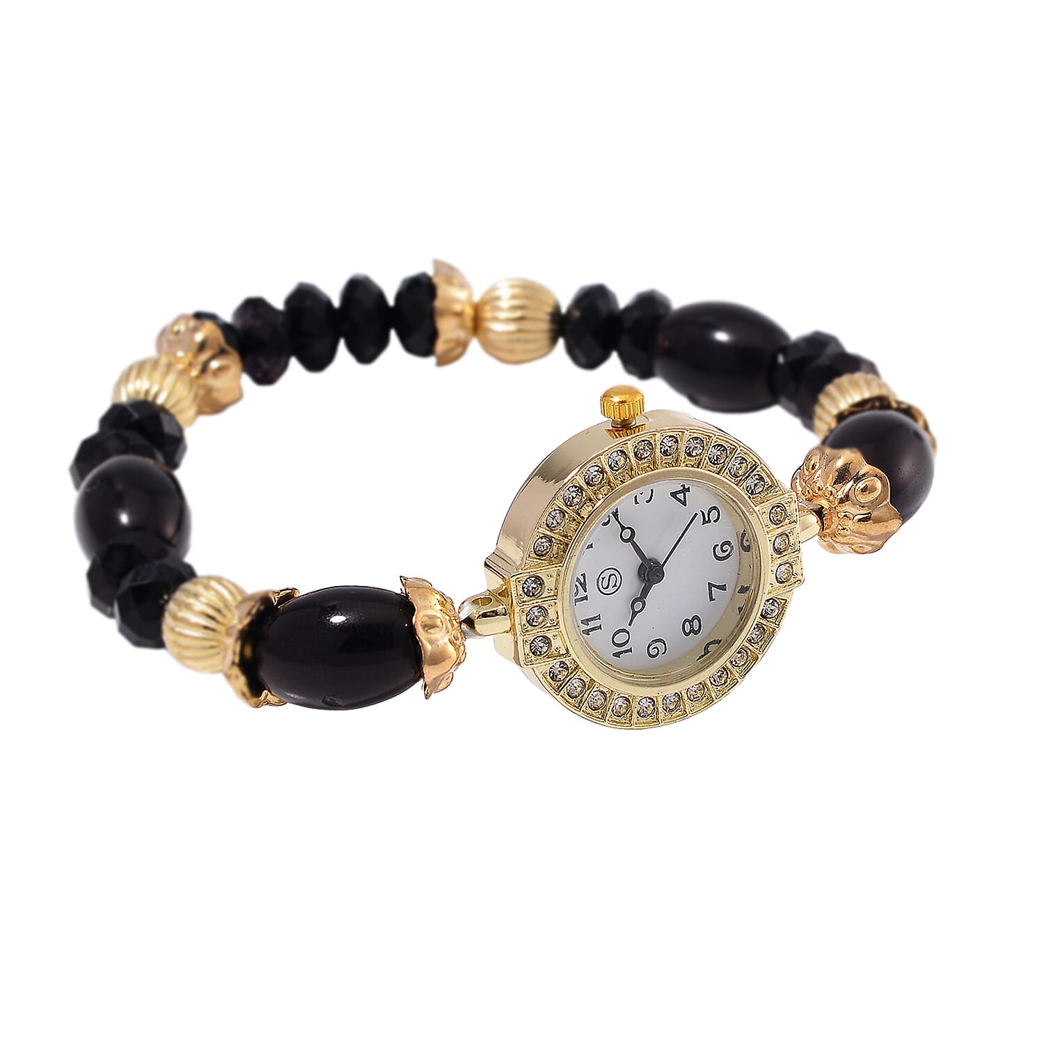 4 Piece Set - STRADA Crystal Watch With 3 Crystal Bracelets - Black