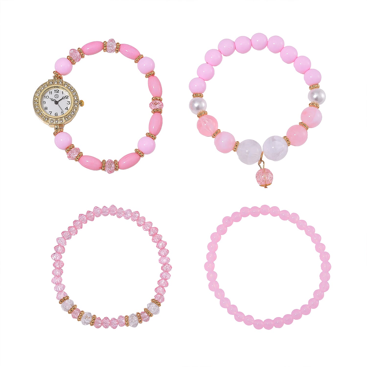 CYBER MONDAY MEGA DEAL - 4 Piece Set - STRADA Crystal Watch With 3 Crystal Bracelets - Pink
