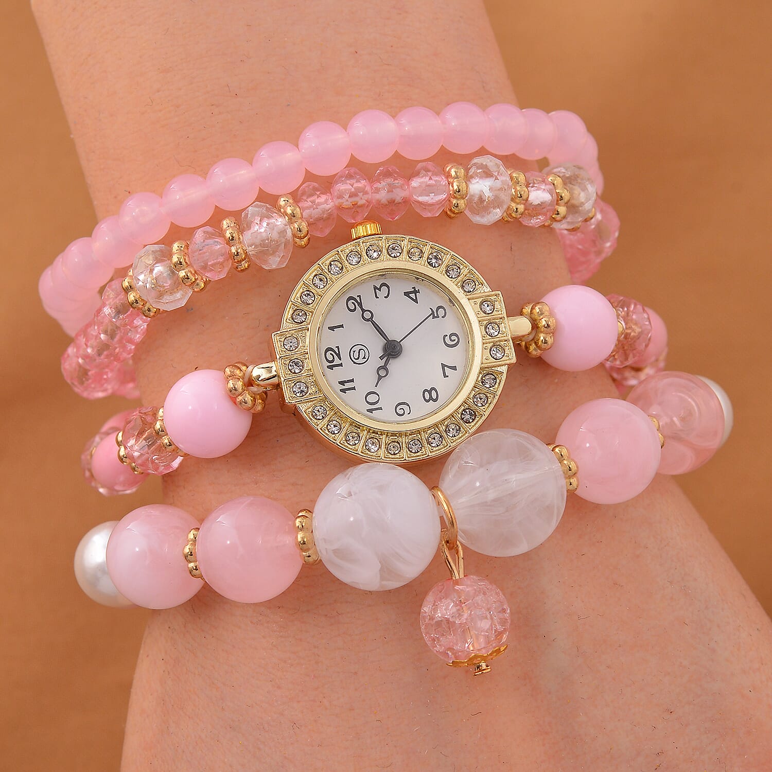 CYBER MONDAY MEGA DEAL - 4 Piece Set - STRADA Crystal Watch With 3 Crystal Bracelets - Pink