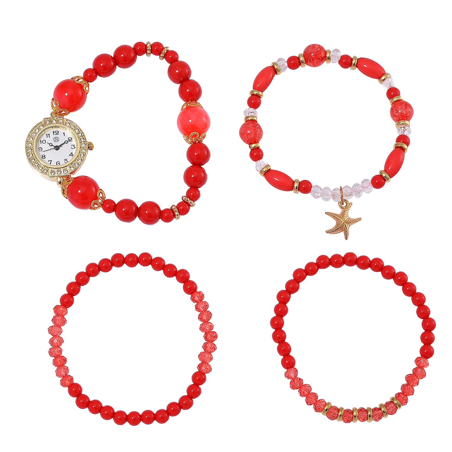 CYBER MONDAY MEGA DEAL - 4 Piece Set - STRADA Crystal Watch With 3 Crystal Bracelets - Red