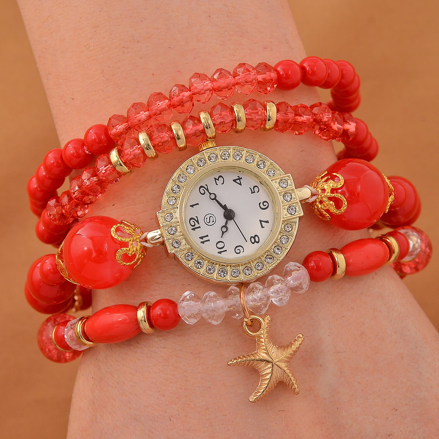 CYBER MONDAY MEGA DEAL - 4 Piece Set - STRADA Crystal Watch With 3 Crystal Bracelets - Red