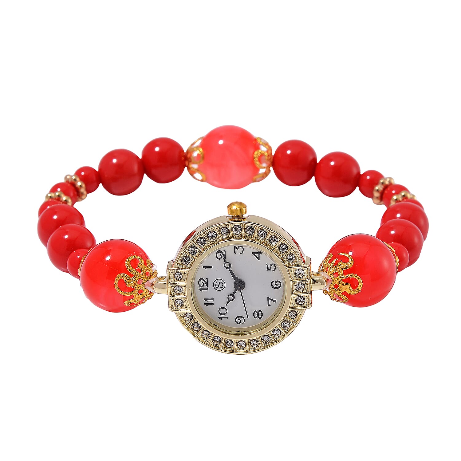 CYBER MONDAY MEGA DEAL - 4 Piece Set - STRADA Crystal Watch With 3 Crystal Bracelets - Red