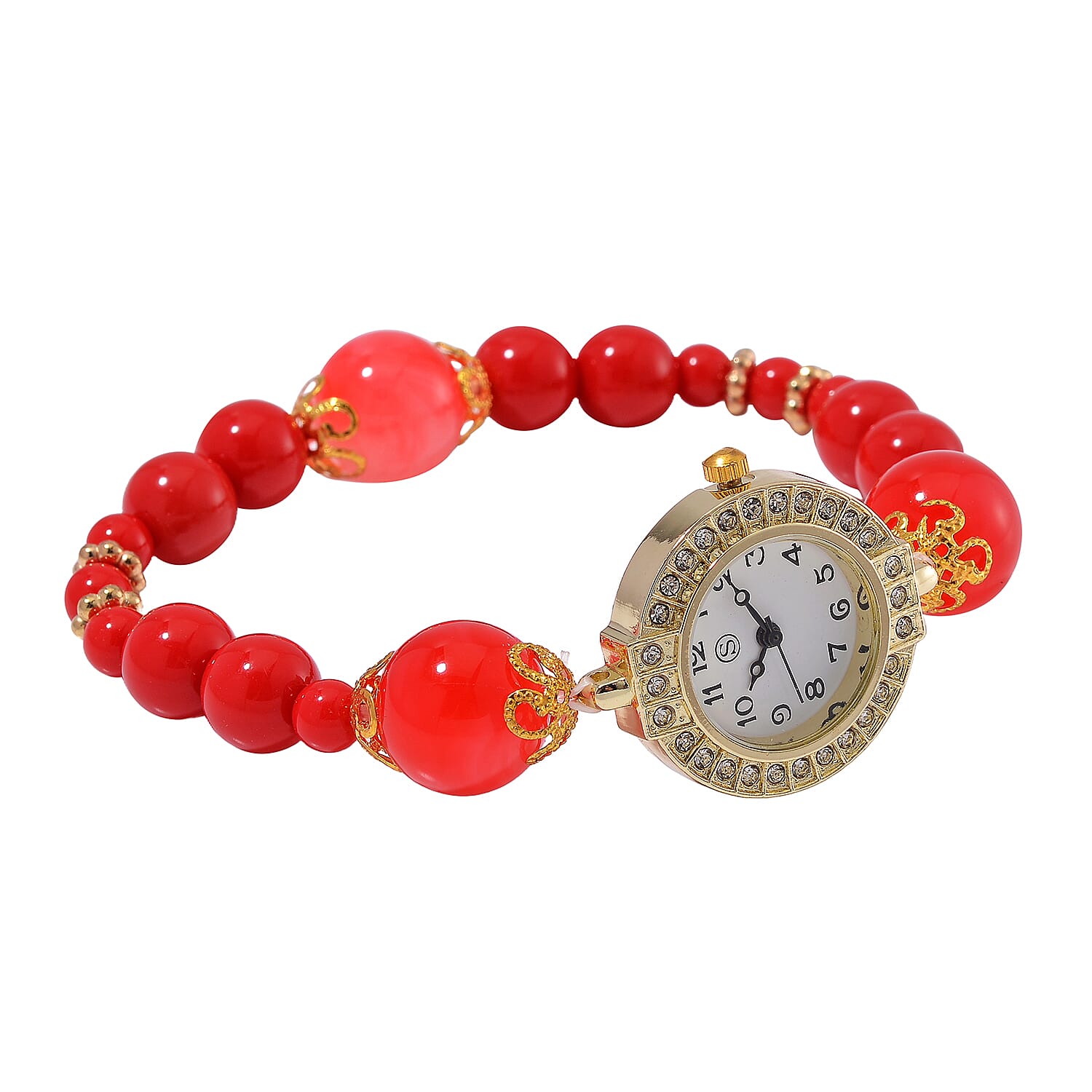 CYBER MONDAY MEGA DEAL - 4 Piece Set - STRADA Crystal Watch With 3 Crystal Bracelets - Red