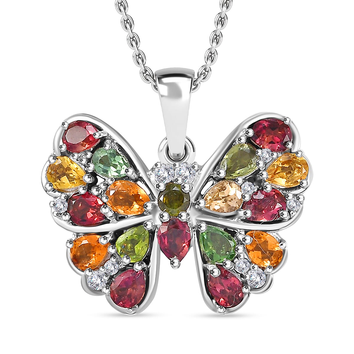 Multi-Tourmaline & White Zircon Butterfly Pendant with Chain (Size 20) in Rhodium Overlay Sterling Silver 2.13 Ct.