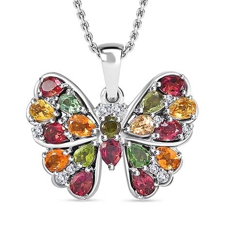 Multi-Tourmaline, White Zircon Pendant with Chain (Size 20) in Rhodium Sterling Silver 2.130 Ct.