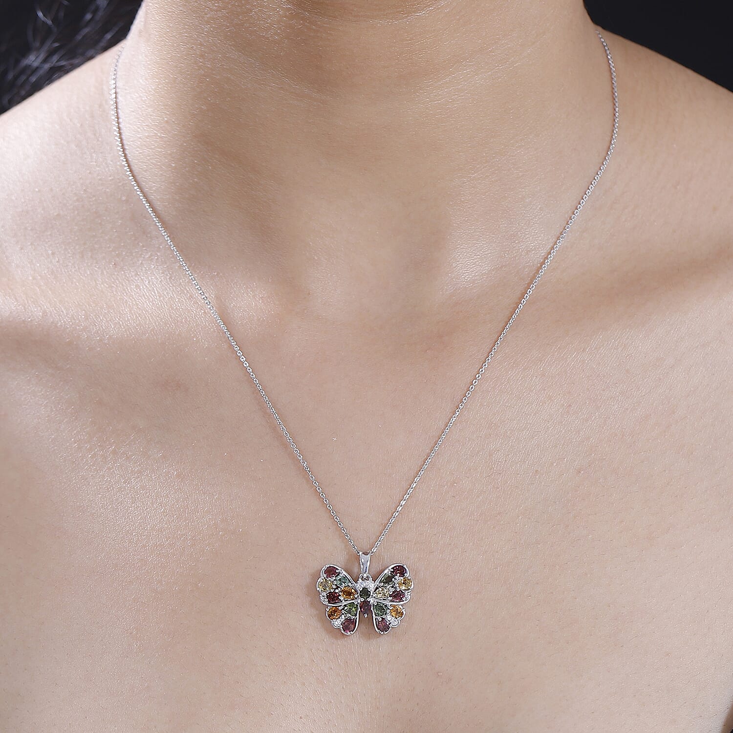 Multi-Tourmaline & White Zircon Butterfly Pendant with Chain (Size 20) in Rhodium Overlay Sterling Silver 2.13 Ct.