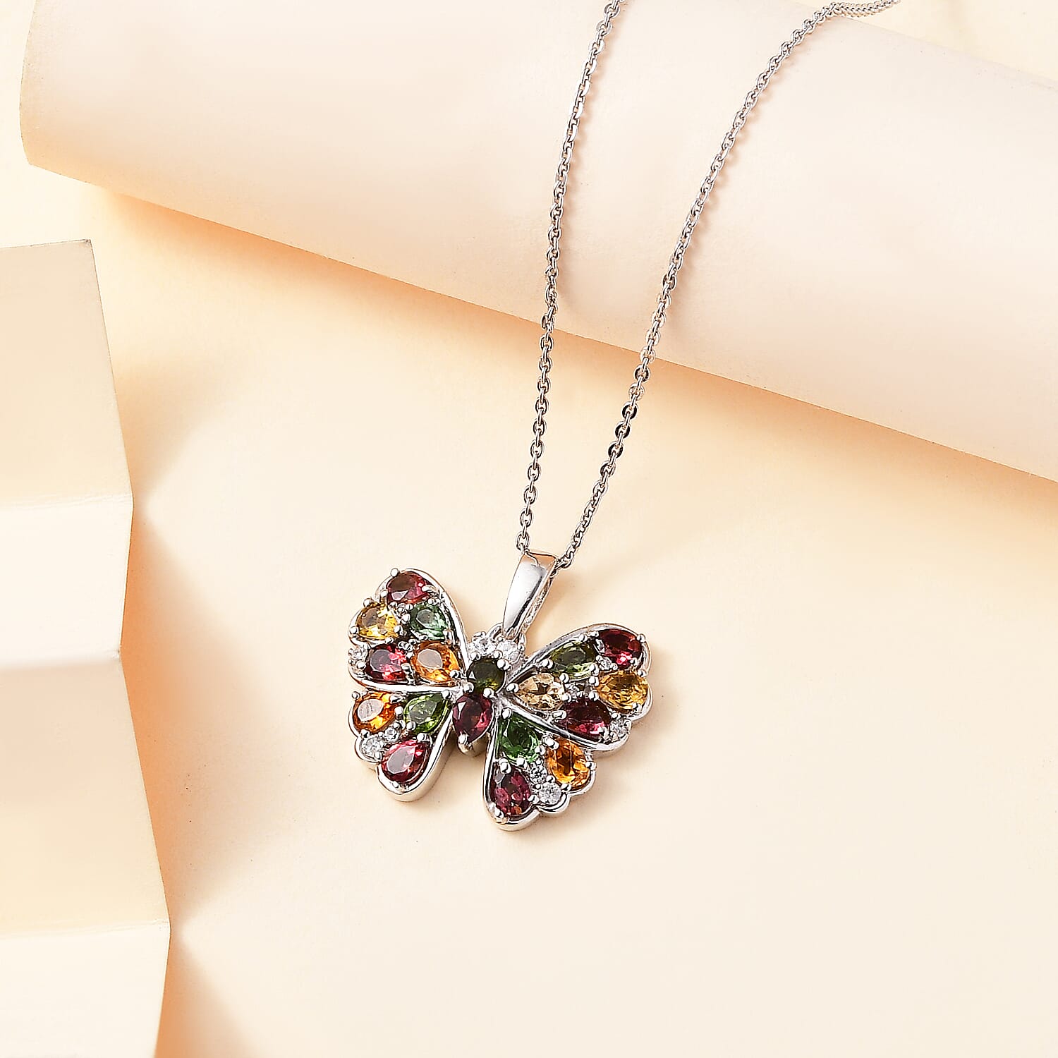 Multi-Tourmaline & White Zircon Butterfly Pendant with Chain (Size 20) in Rhodium Overlay Sterling Silver 2.13 Ct.