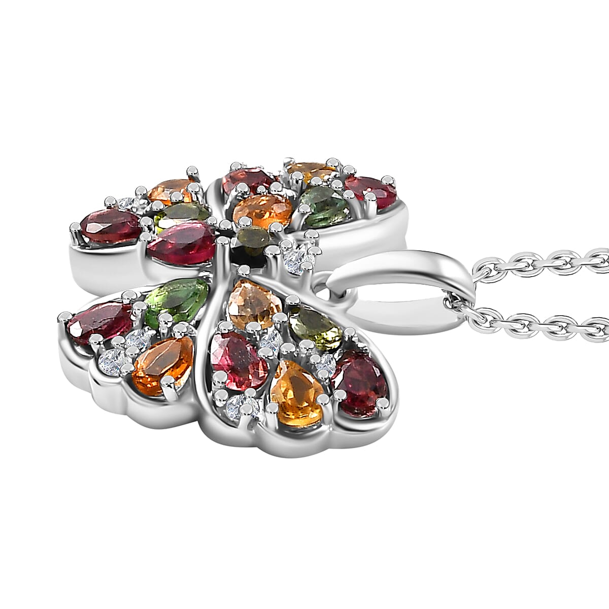 Multi-Tourmaline & White Zircon Butterfly Pendant with Chain (Size 20) in Rhodium Overlay Sterling Silver 2.13 Ct.