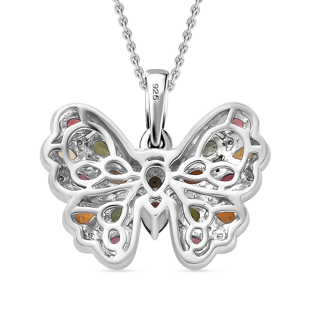 Multi-Tourmaline & White Zircon Butterfly Pendant with Chain (Size 20) in Rhodium Overlay Sterling Silver 2.13 Ct.