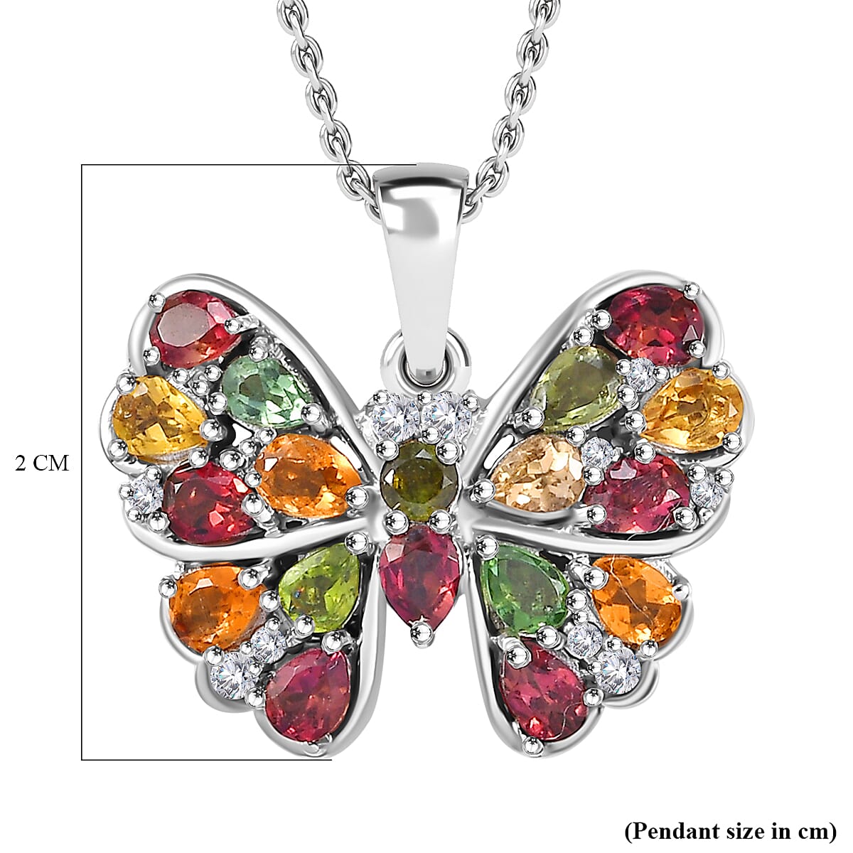 Multi-Tourmaline & White Zircon Butterfly Pendant with Chain (Size 20) in Rhodium Overlay Sterling Silver 2.13 Ct.