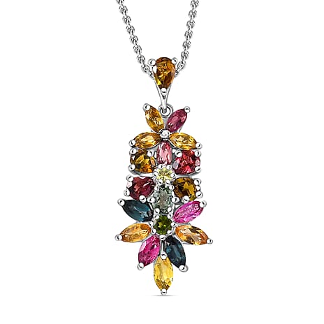 Multi-Tourmaline Pendant with Chain (Size 20) in Rhodium Sterling Silver 2.67 Ct.