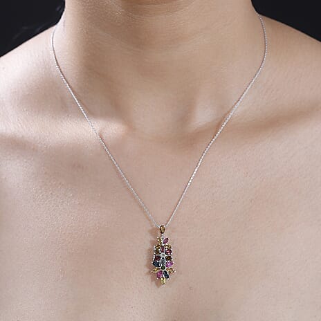 Multi-Tourmaline Pendant with Chain (Size 20) in Rhodium Sterling Silver 2.67 Ct.
