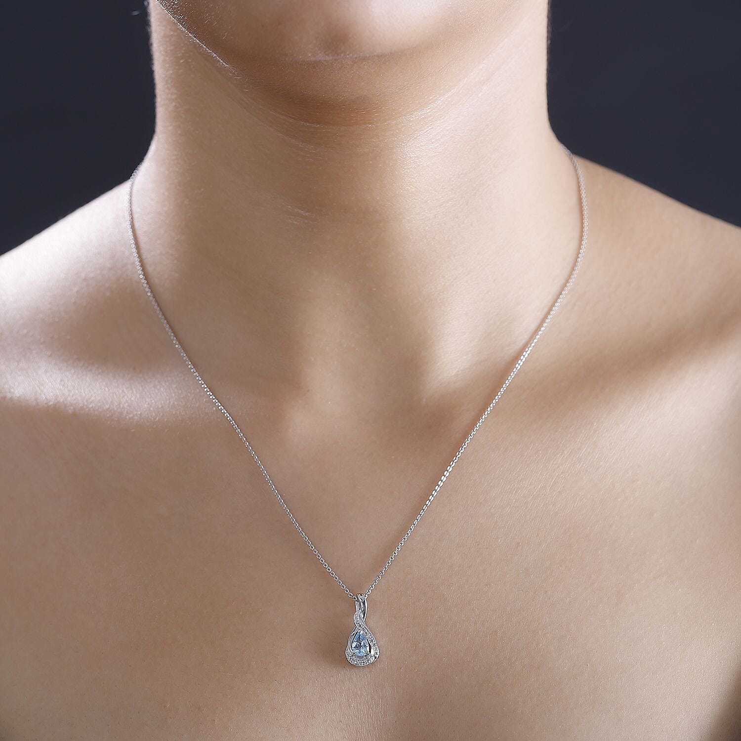 Santamaria Aquamarine & Natural Zircon Pendant with Chain (Size 20) in Rhodium Overlay Sterling Silver