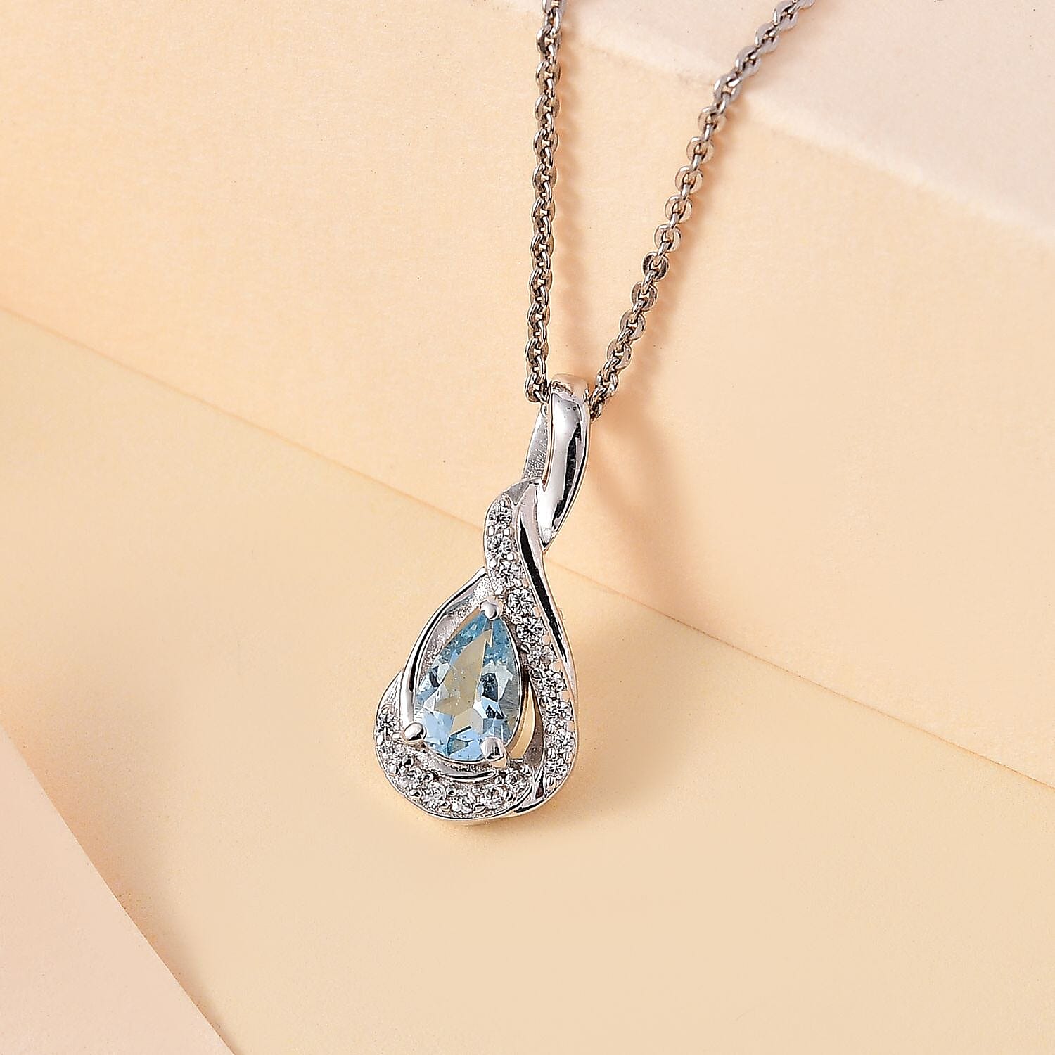 Santamaria Aquamarine & Natural Zircon Pendant with Chain (Size 20) in Rhodium Overlay Sterling Silver