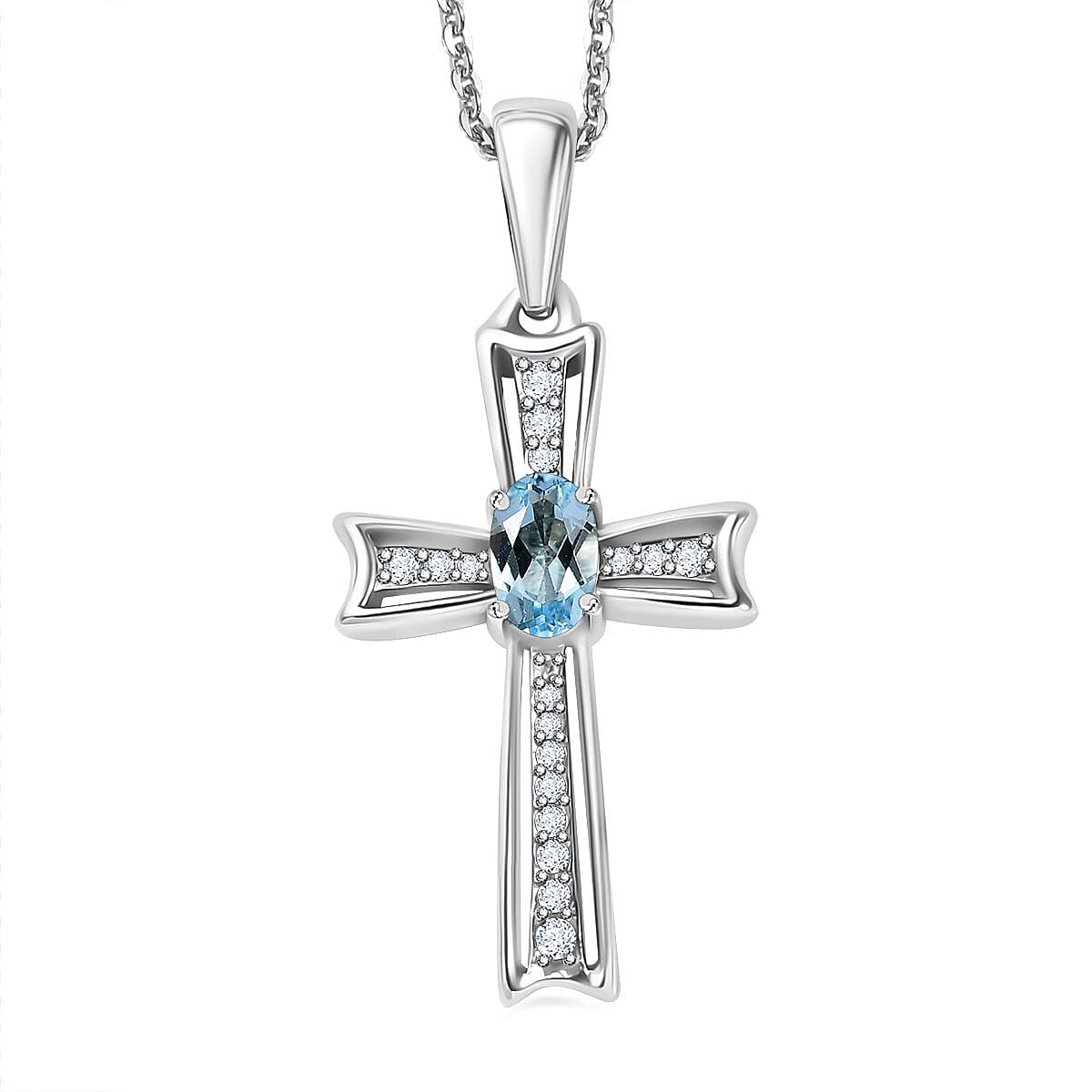 Santamaria Aquamarine & Zircon Cross Pendant with Chain (Size 20) in Rhodium Overlay Sterling Silver