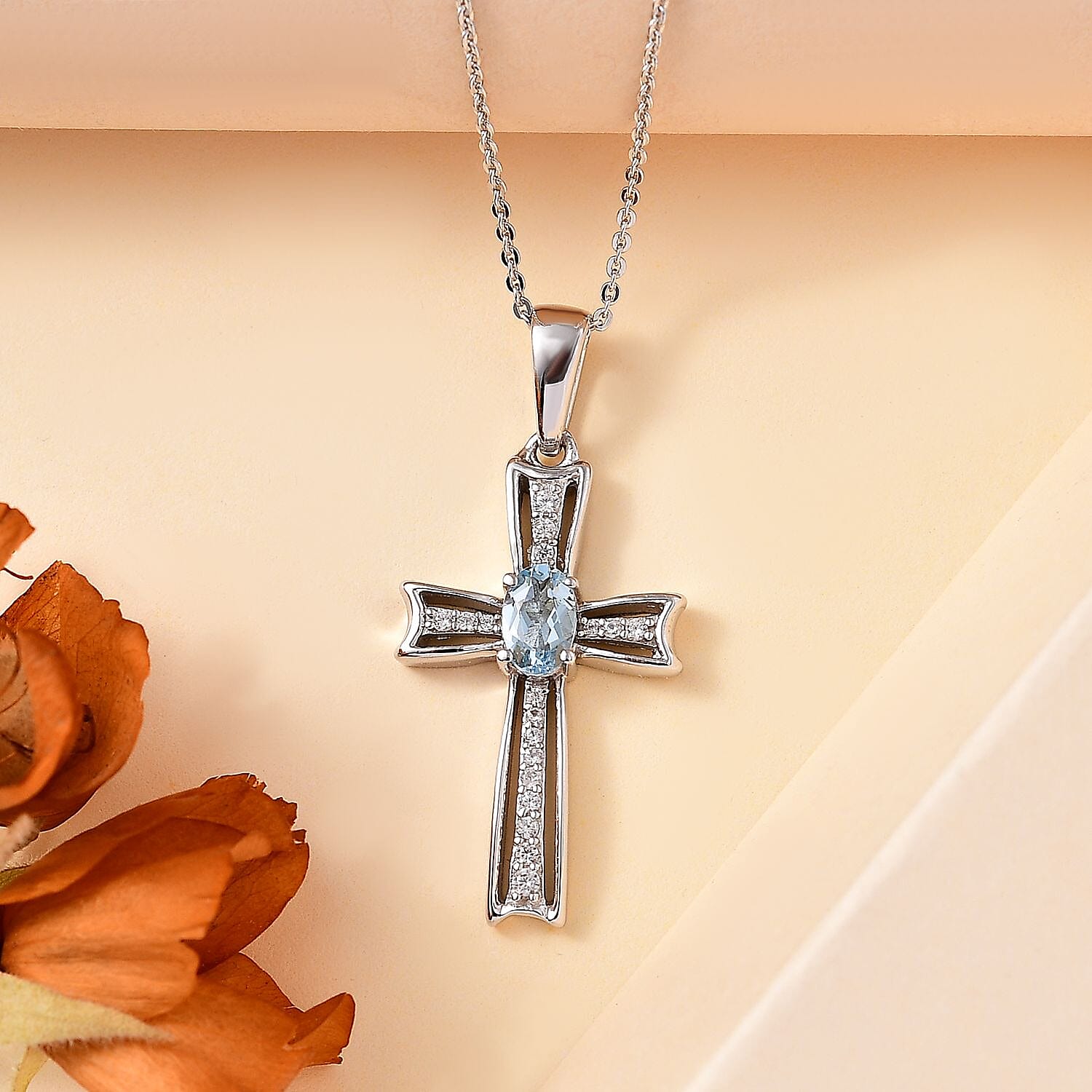 Santamaria Aquamarine & Zircon Cross Pendant with Chain (Size 20) in Rhodium Overlay Sterling Silver
