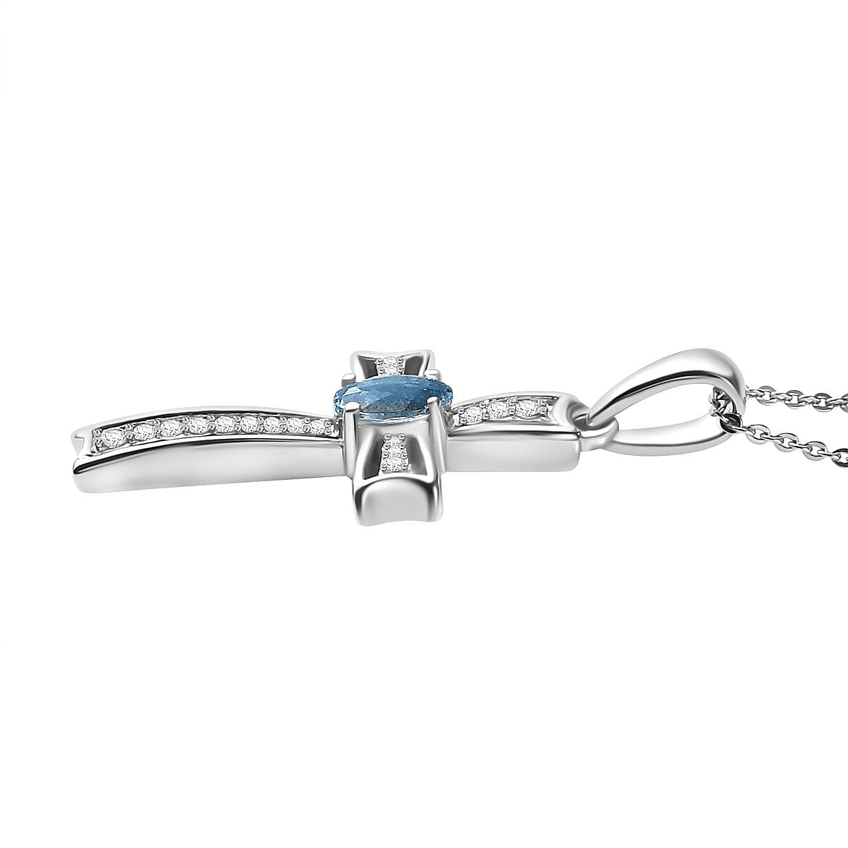 Santamaria Aquamarine & Zircon Cross Pendant with Chain (Size 20) in Rhodium Overlay Sterling Silver