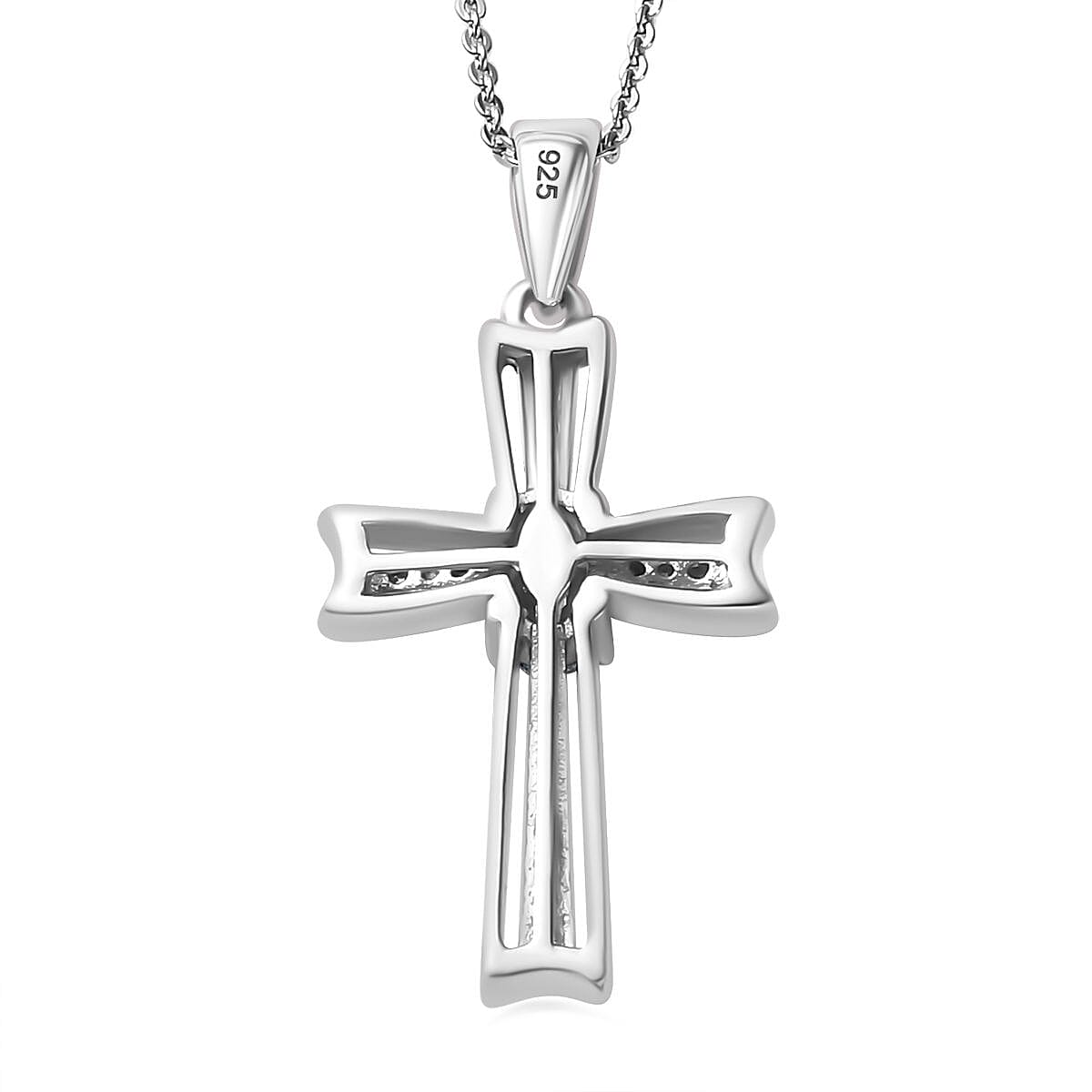 Santamaria Aquamarine & Zircon Cross Pendant with Chain (Size 20) in Rhodium Overlay Sterling Silver