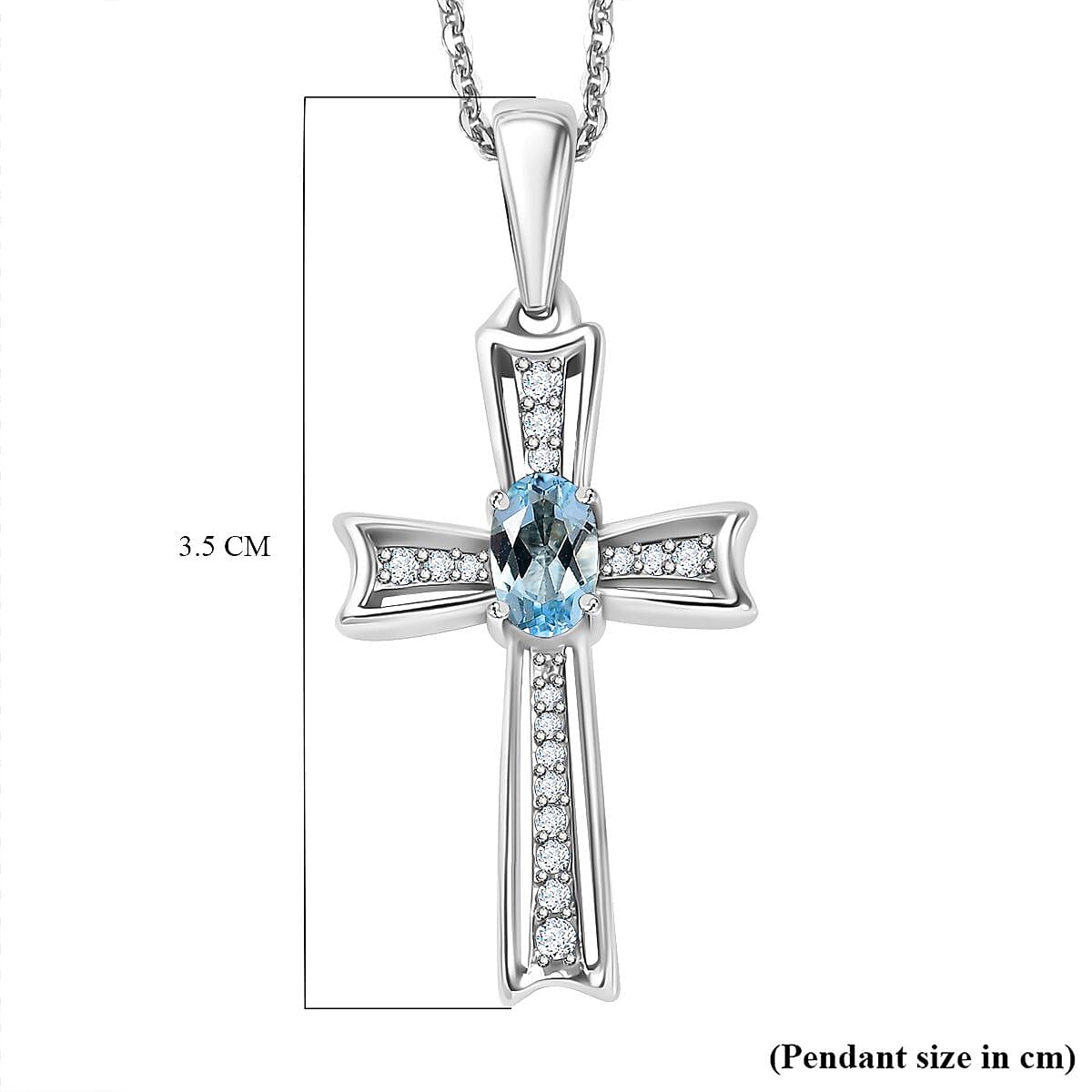 Santamaria Aquamarine & Zircon Cross Pendant with Chain (Size 20) in Rhodium Overlay Sterling Silver