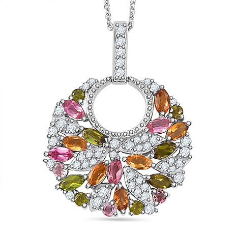 Multi-Tourmaline & White Zircon Pendant with Chain (Size 20) in Rhodium Overlay Sterling Silver 2.51 Ct.