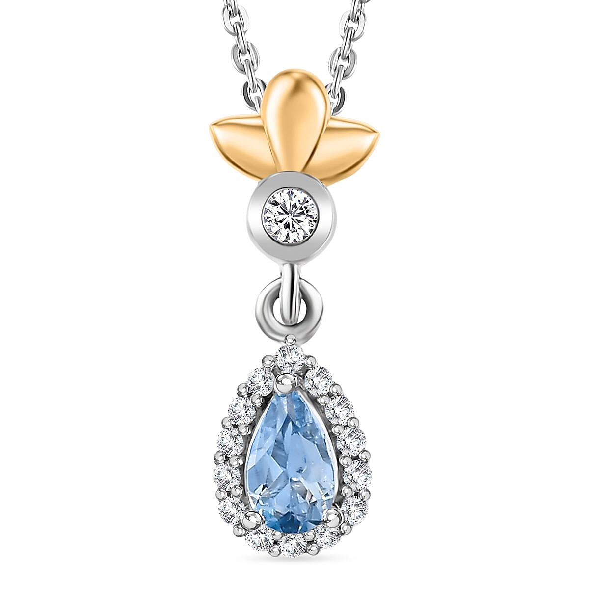 Santamaria Aquamarine & Natural Zircon Pendant with Chain (Size 20) in Rhodium Overlay Sterling Silver