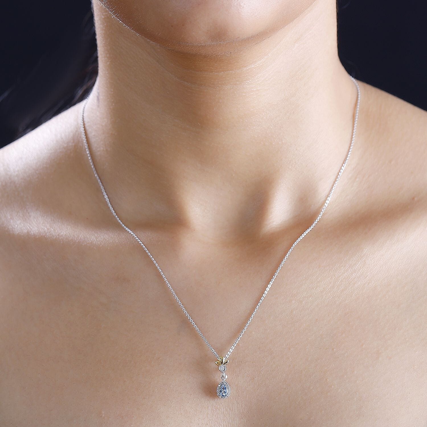 Santamaria Aquamarine & Natural Zircon Pendant with Chain (Size 20) in Rhodium Overlay Sterling Silver