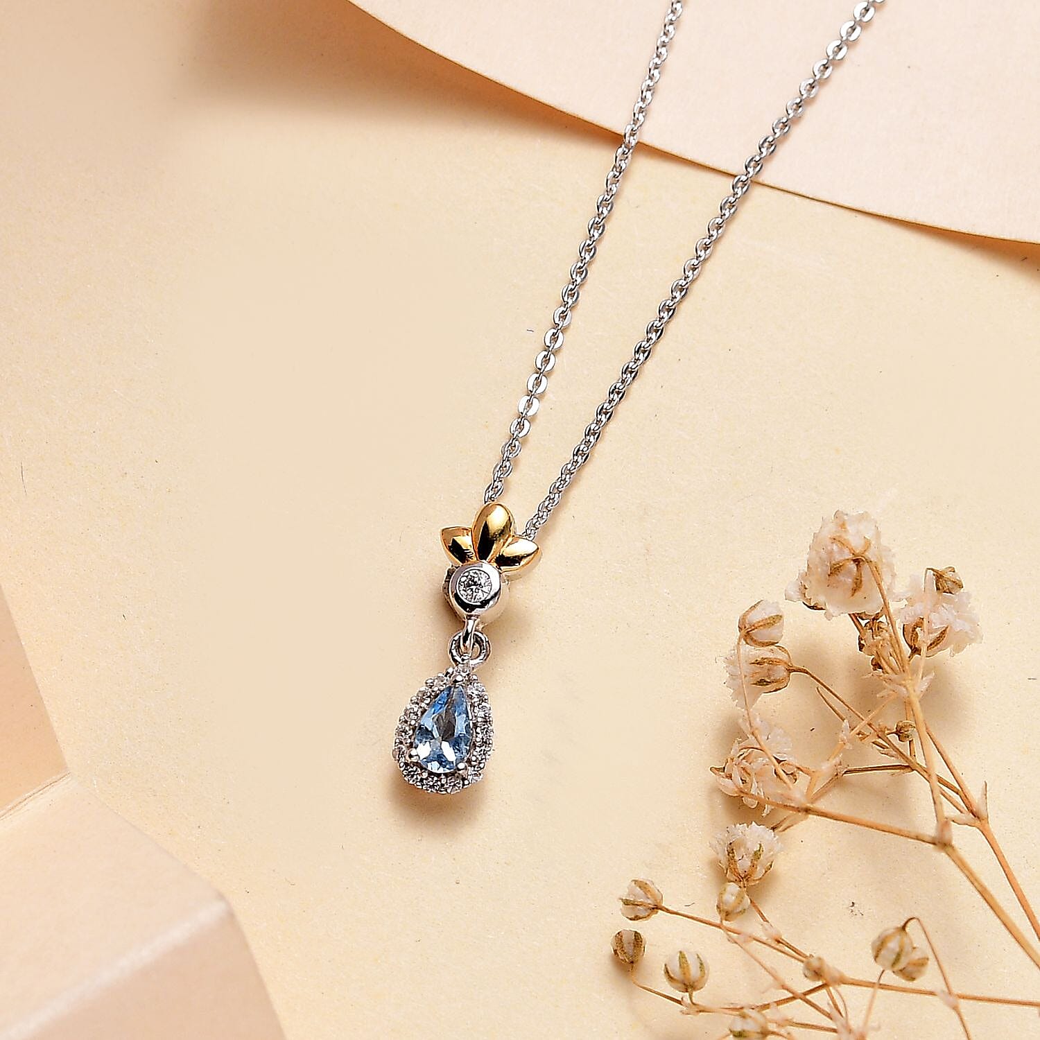 Santamaria Aquamarine & Natural Zircon Pendant with Chain (Size 20) in Rhodium Overlay Sterling Silver