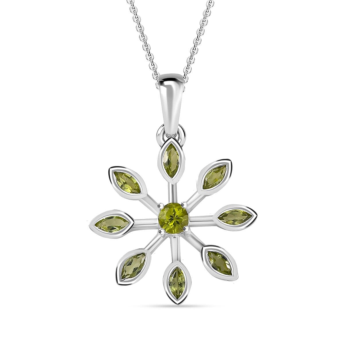 Natural Hebei Peridot Floral Pendant with Chain (Size 20) in Rhodium Overlay Sterling Silver, Silver Wt. 5.4 Gms