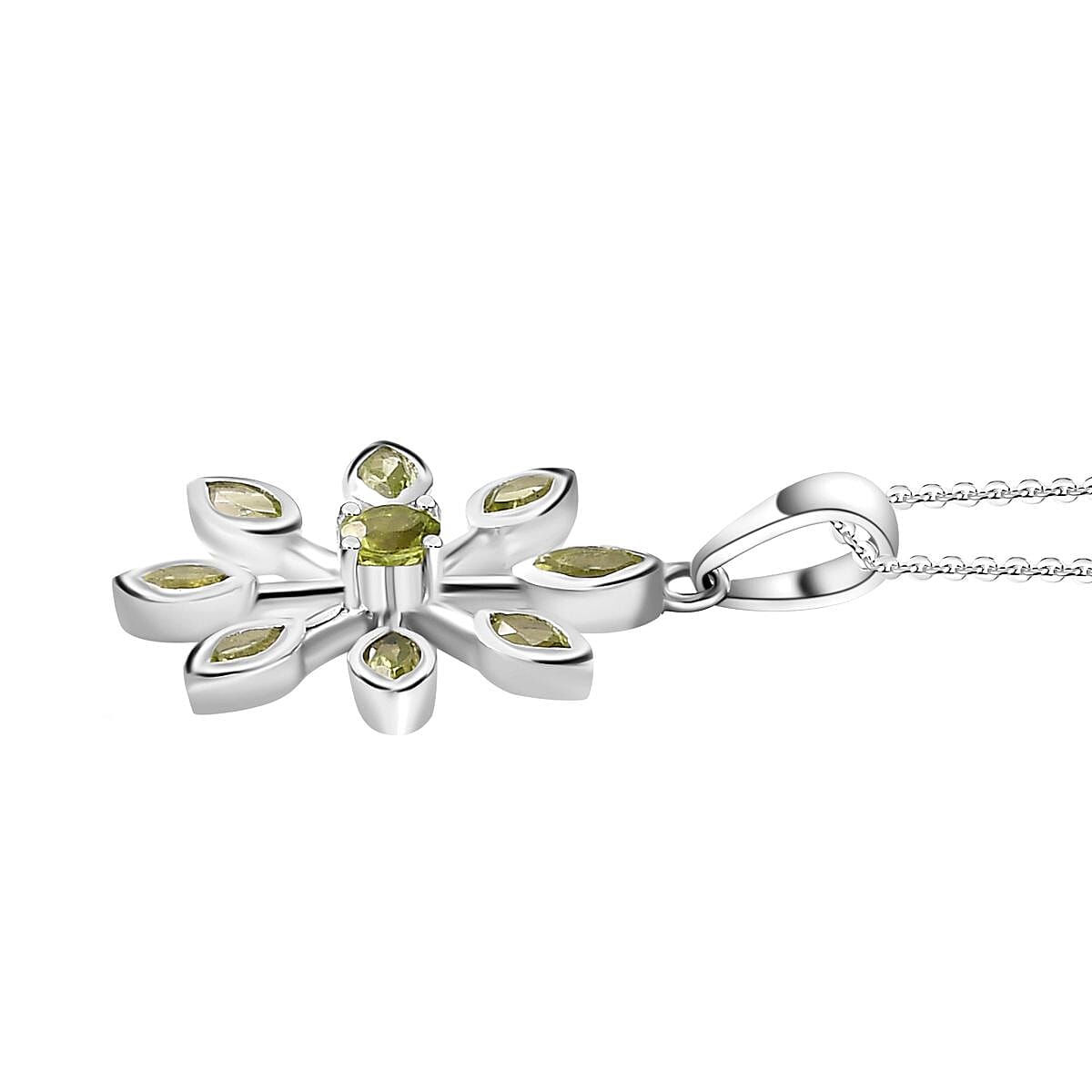 Natural Hebei Peridot Floral Pendant with Chain (Size 20) in Rhodium Overlay Sterling Silver, Silver Wt. 5.4 Gms