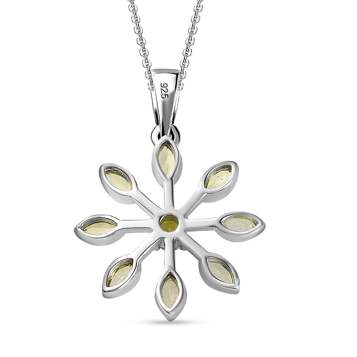 Natural Hebei Peridot Floral Pendant with Chain (Size 20) in Rhodium Overlay Sterling Silver, Silver Wt. 5.4 Gms