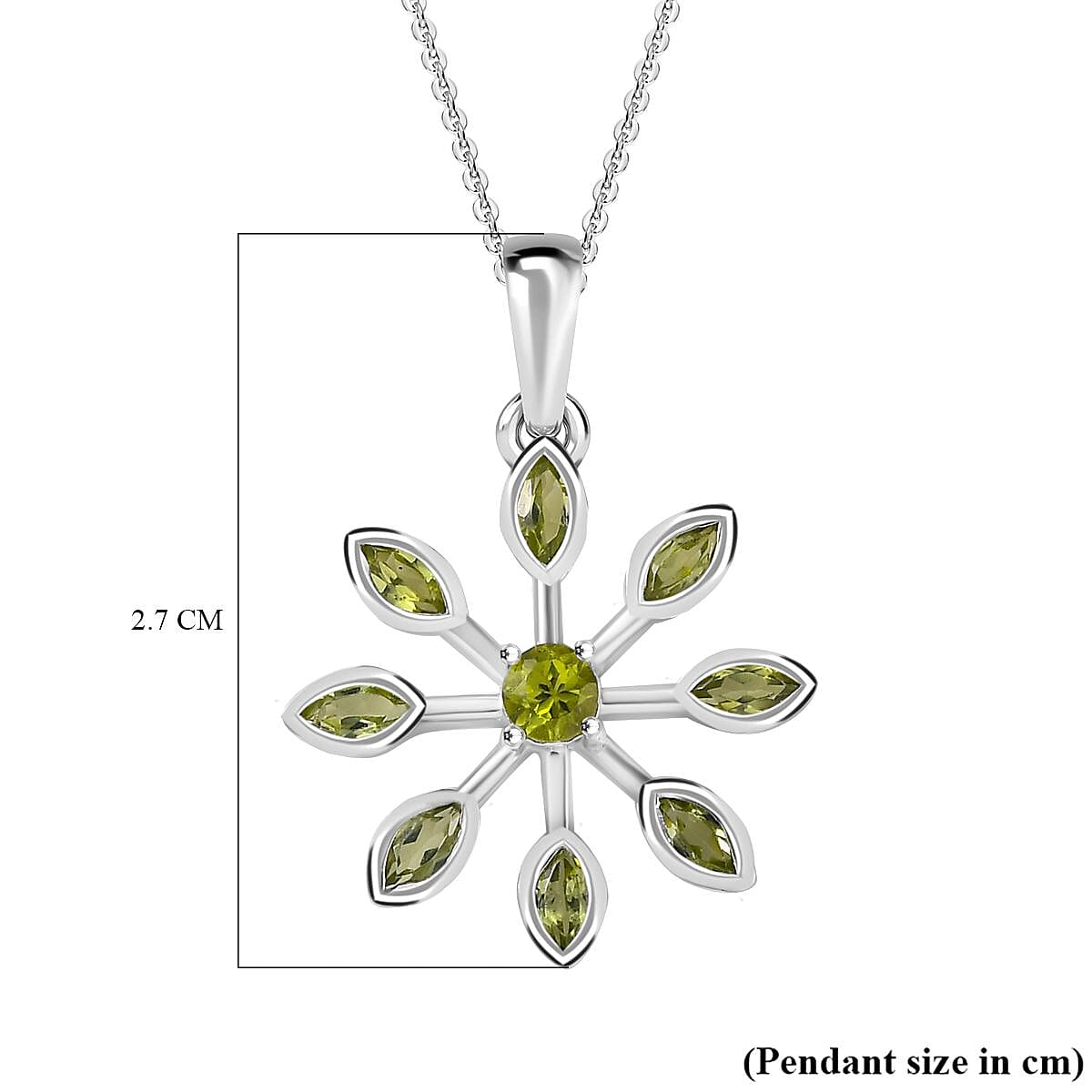 Natural Hebei Peridot Floral Pendant with Chain (Size 20) in Rhodium Overlay Sterling Silver, Silver Wt. 5.4 Gms