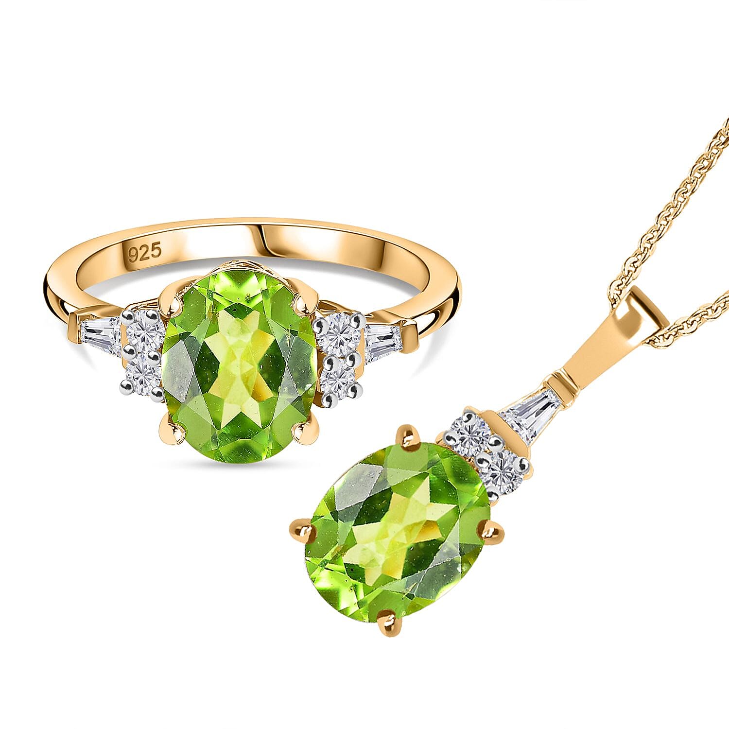 2 Piece Set -  Peridot,  White Zircon Ring,Pendant with Chain (Size 20) in 18K YG Vermeil Sterling Silver 0.39 ct  Silver Wt. 6.37 Gms  4.590  Ct.