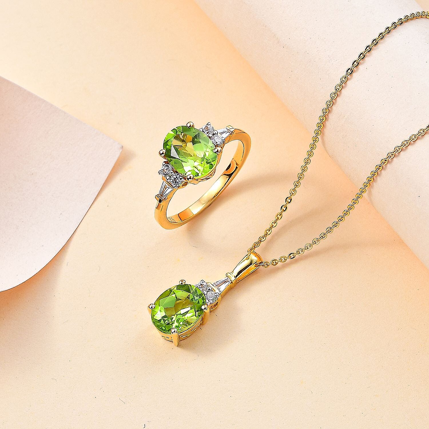 2 Piece Set -  Peridot,  White Zircon Ring,Pendant with Chain (Size 20) in 18K YG Vermeil Sterling Silver 0.39 ct  Silver Wt. 6.37 Gms  4.590  Ct.
