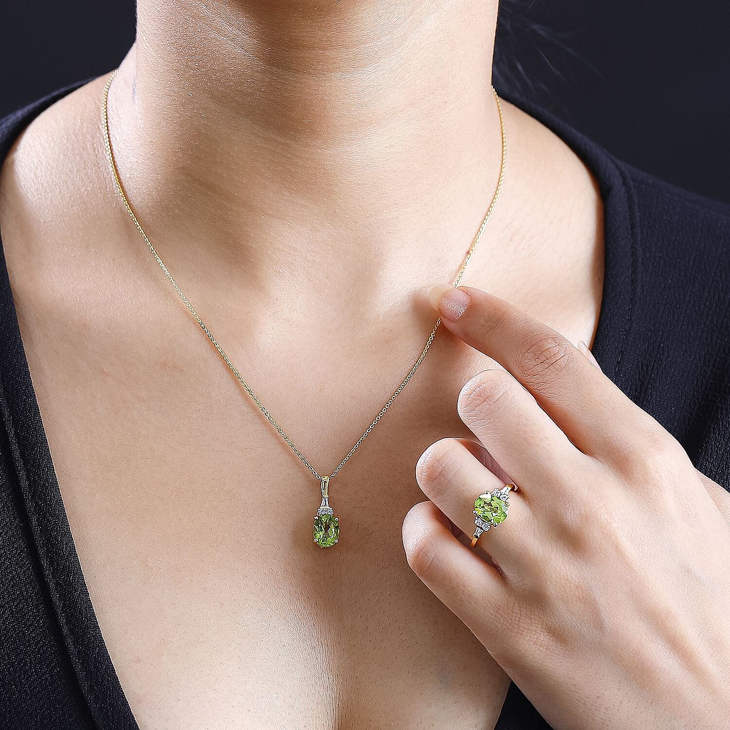 2 Piece Set -  Peridot,  White Zircon Ring,Pendant with Chain (Size 20) in 18K YG Vermeil Sterling Silver 0.39 ct  Silver Wt. 6.37 Gms  4.590  Ct.
