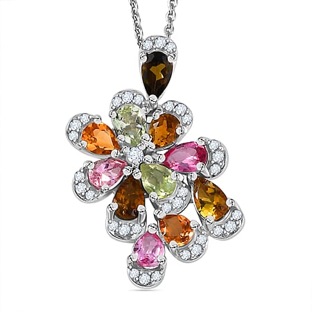 Multi-Tourmaline, White Zircon Cluster Pendant with Chain (Size 20) in Rhodium Overlay Sterling Silver Multi-Tourmaline, White Zircon Cluster Pendant with Chain (Size 20) in Rhodium Overlay Sterling Silver