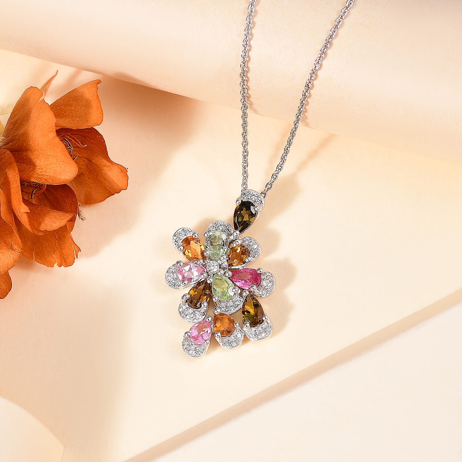 Multi-Tourmaline & White Zircon Pendant with Chain (Size 20) in Rhodium Overlay Sterling Silver 2.27 Ct.