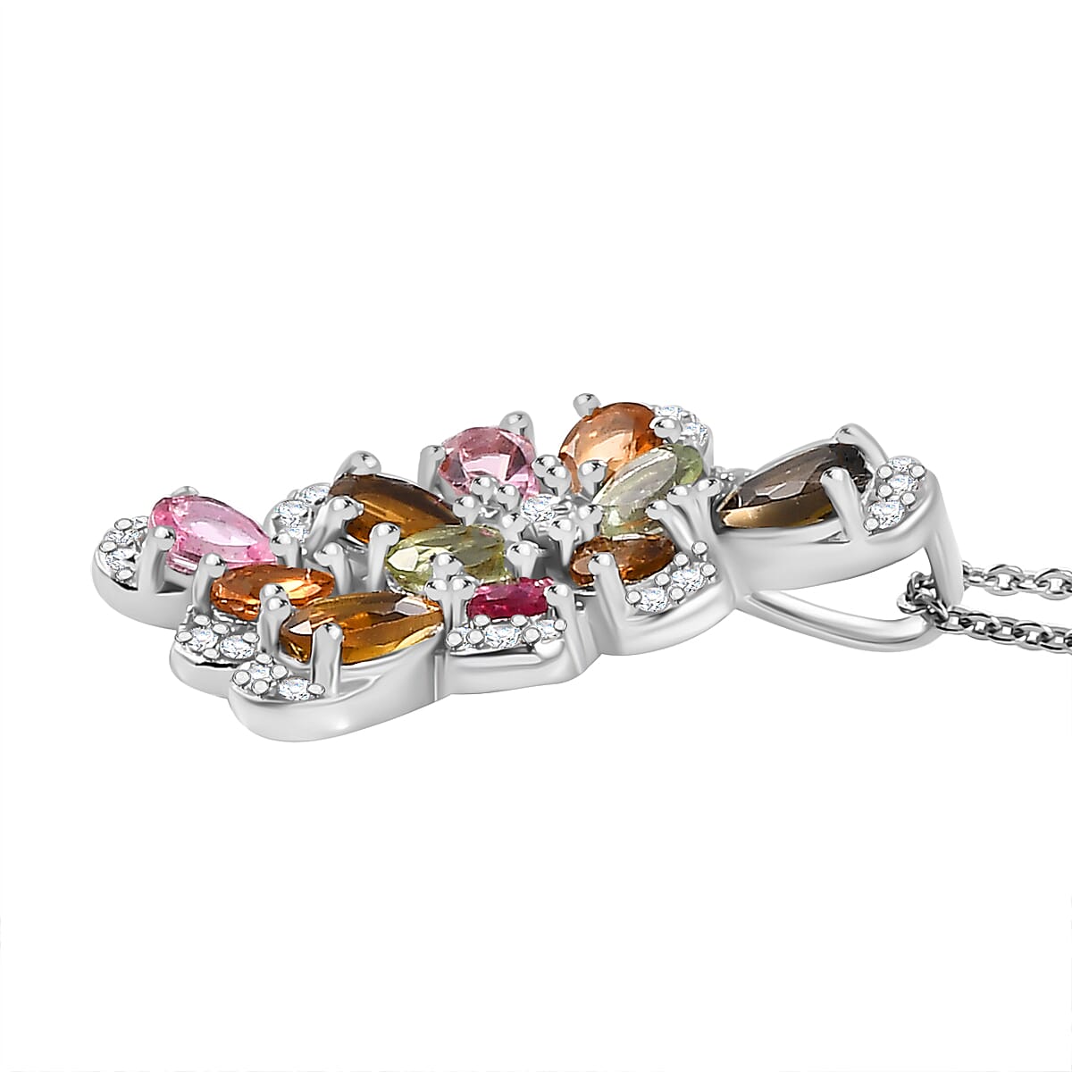 Multi-Tourmaline & White Zircon Pendant with Chain (Size 20) in Rhodium Overlay Sterling Silver 2.27 Ct.