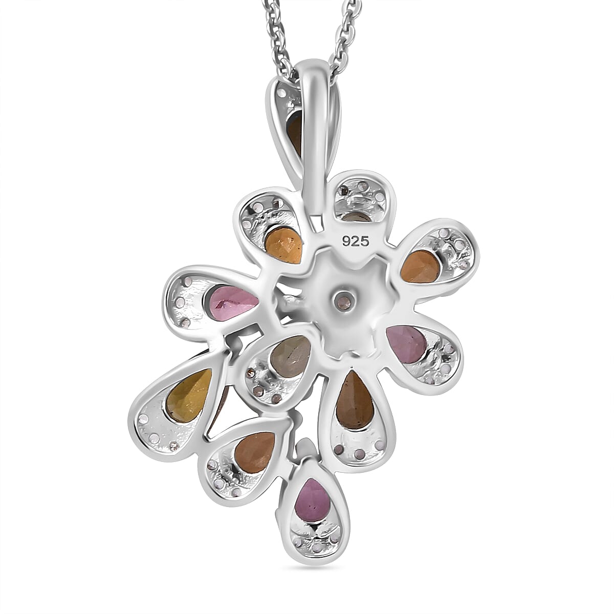 Multi-Tourmaline & White Zircon Pendant with Chain (Size 20) in Rhodium Overlay Sterling Silver 2.27 Ct.